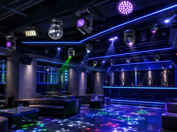 Permanent nightclub installation fixtures including UV effect units and LED strip integrations for bar environments