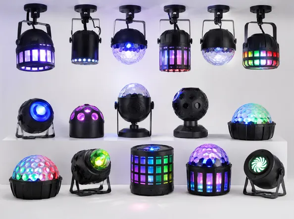 Downward-projection dance floor effect fixture with narrow-beam RGBW color mixing and sound-pulse modes