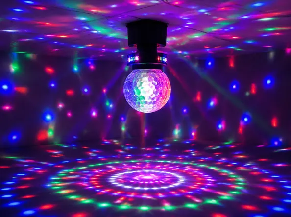 Mirror ball effect fixture with multi-color LED projection and motor-driven rotating assembly