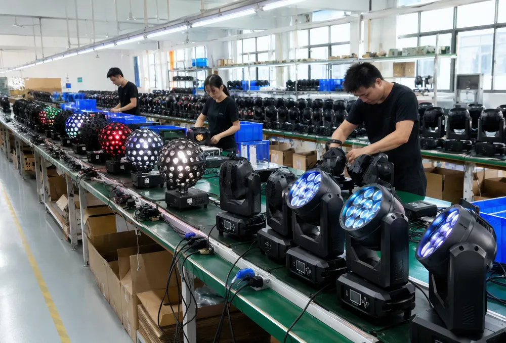 GDMonkey disco DJ lights production line with assembled fixtures and quality testing stations