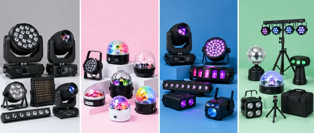 Different disco DJ light product lines matched to distribution channels — rental, retail, nightclub, and mobile DJ markets