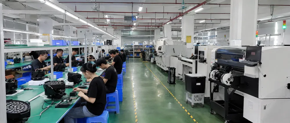 GDMonkey 16,700 square meter factory in Meizhou Guangdong showing dedicated disco DJ lights assembly cells and SMT production lines