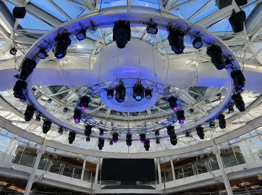 Large-scale disco DJ light project installation for theme park or cruise ship venue