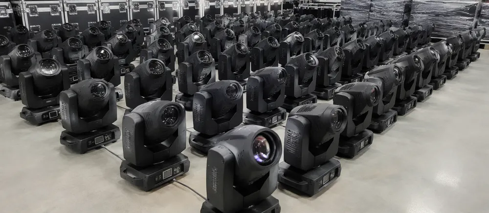 Entertainment rental fleet of disco DJ lights staged for event deployment