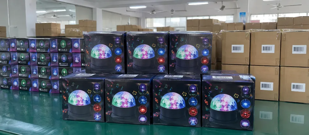 Retail-packaged disco DJ lights with UPC barcoding ready for e-commerce fulfillment