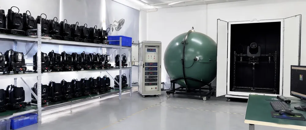 GDMonkey production line quality testing station for disco DJ light fixtures, showing motor run-in and photometric measurement equipment