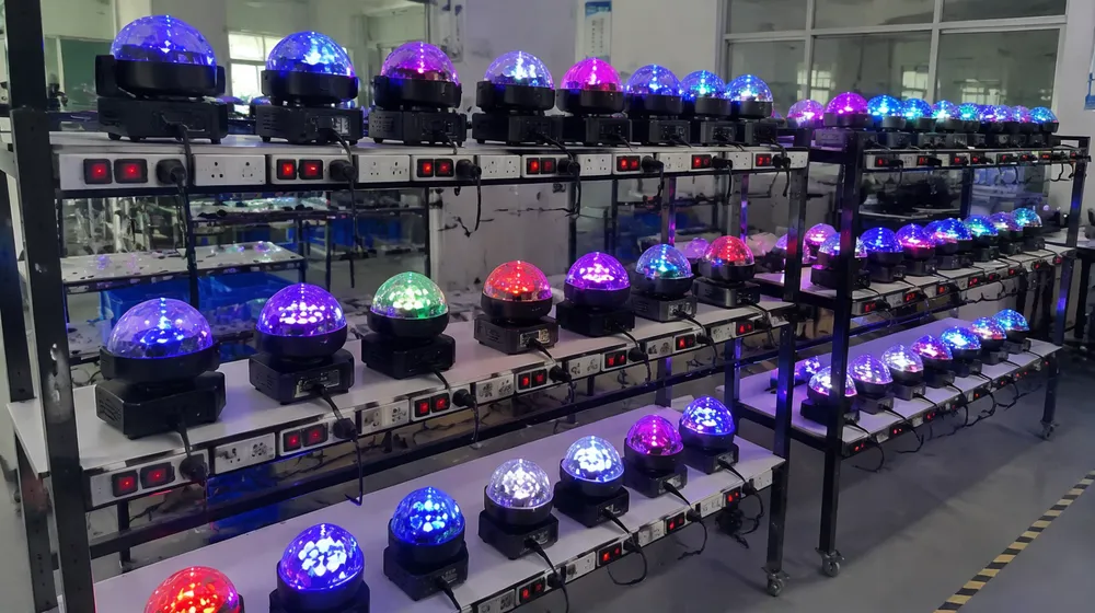 LED disco DJ lights running on aging test racks at full electrical load