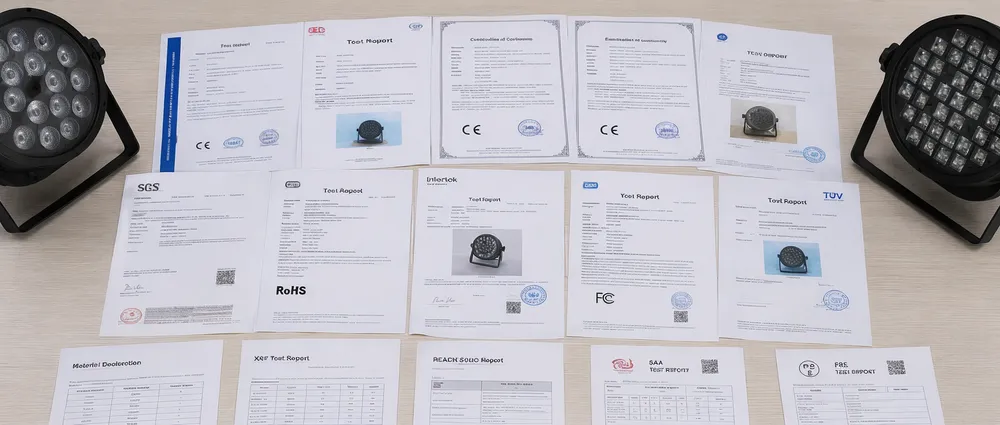 CE FCC RoHS certification documents and accredited lab test reports for LED disco DJ lights shipments