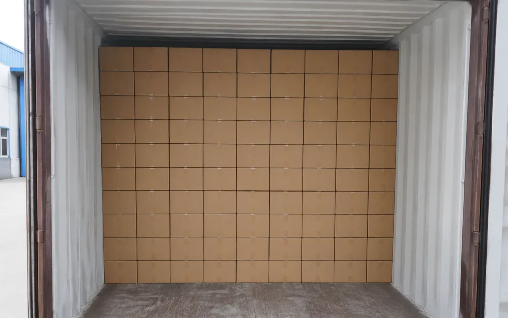 LED disco DJ lights carton tiling inside a 40HQ container showing optimized volume utilization
