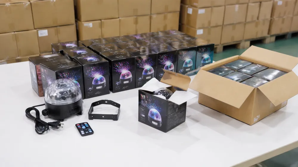 LED disco DJ lights retail packaging ready for e-commerce fulfillment