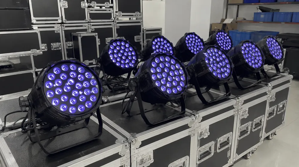 Matching LED disco DJ lights set up for mobile DJ gig fleet