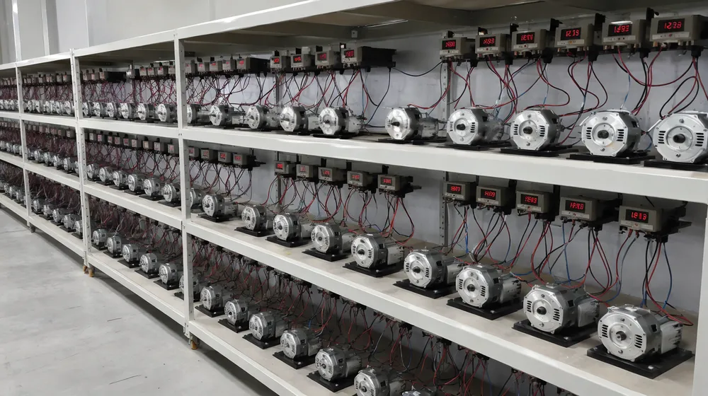 DC motors undergoing 72-hour run-in stress testing at elevated voltage