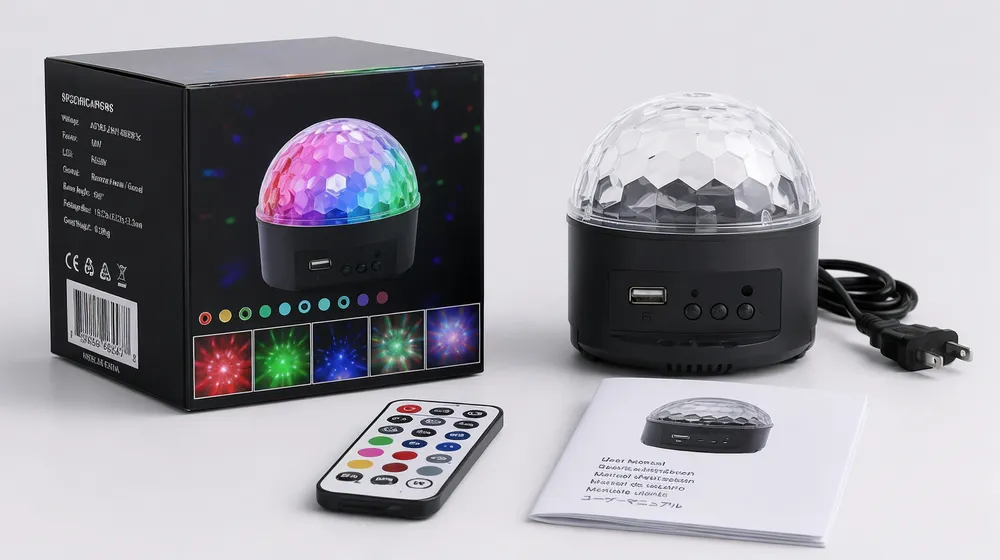 Custom branded retail packaging for LED disco DJ lights OEM orders with UPC barcode and multilingual manual