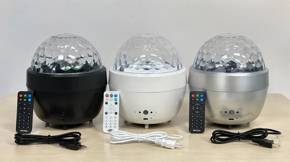 LED disco DJ lights OEM housing color options showing black, white, and metallic silver variants with custom branding