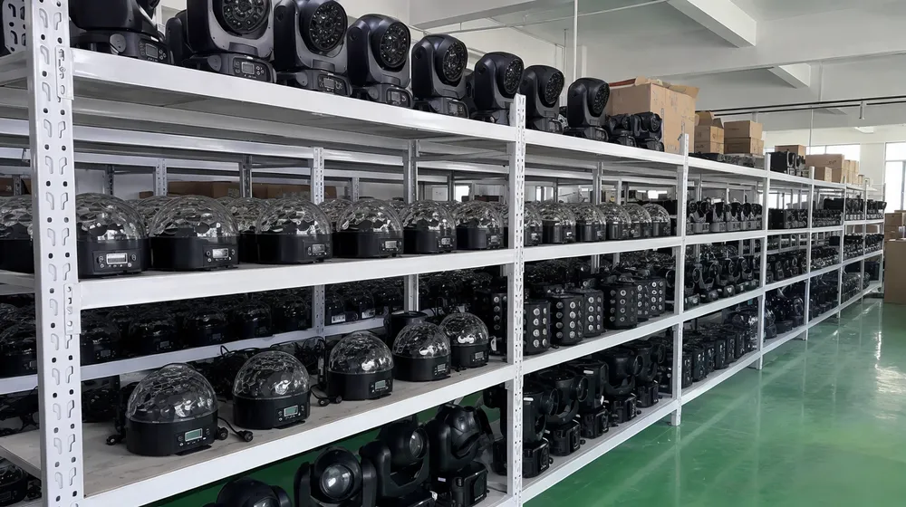 Party supply warehouse stocked with LED disco DJ lights for seasonal demand