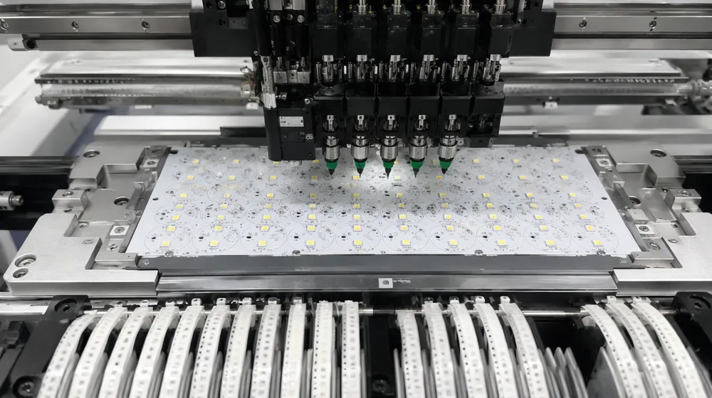 Automated SMT pick-and-place machine mounting LED chips with precision