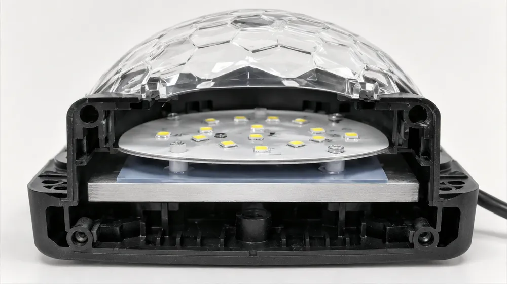 Cross-section showing aluminum-core PCB thermal path in ABS enclosure