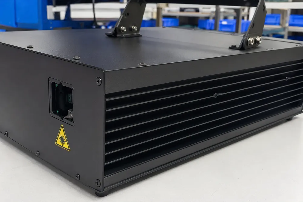Powder-coated aluminum alloy housing for disco DJ laser light showing heat dissipation fins
