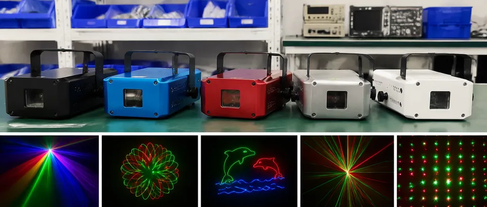 Disco DJ laser light customization options including housing colors, branding, and pattern programming
