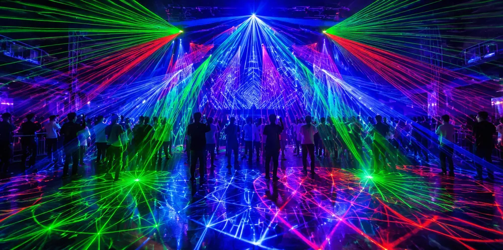 Multi-pattern disco DJ laser filling a nightclub dance floor with geometric beam arrays