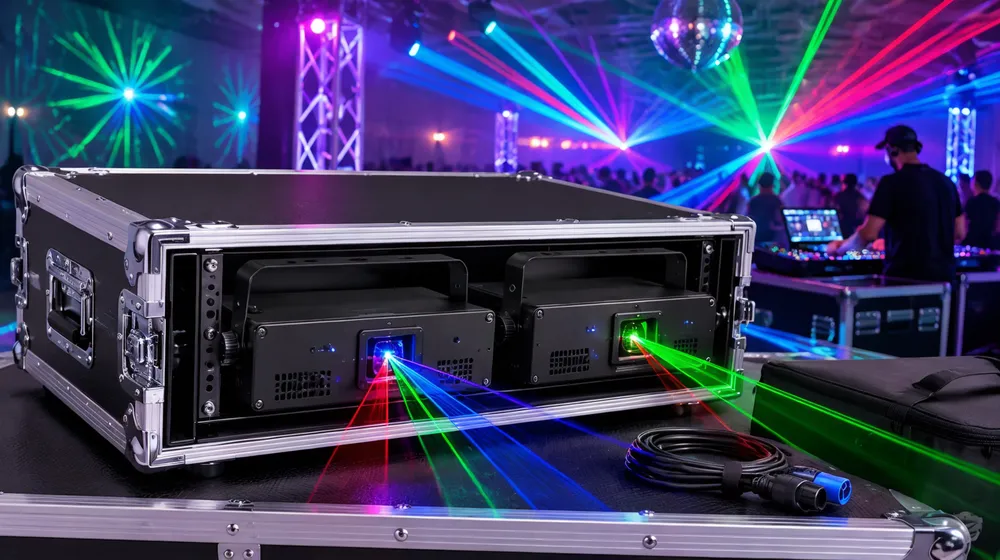 Compact disco laser units fitted in a standard 2U road case slot for mobile DJ transport
