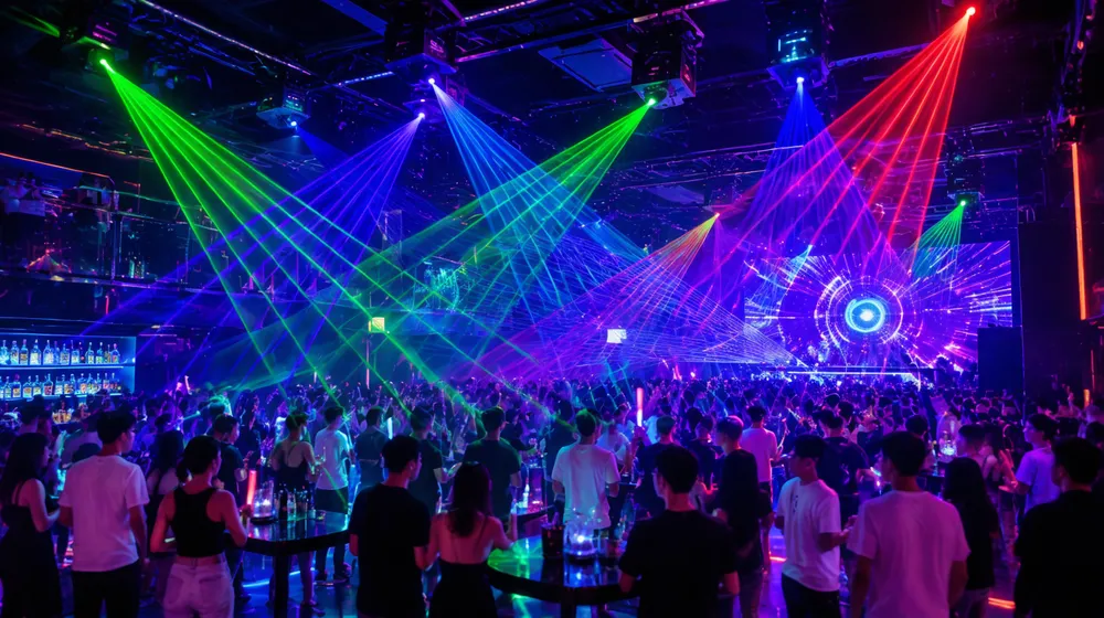Multiple disco laser units providing dance floor coverage in a nightclub permanent installation