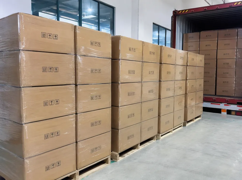 Disco DJ laser lights packaging in master cartons ready for container loading