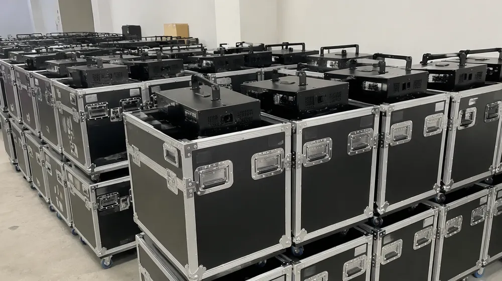 Fleet of disco laser units stacked in road cases ready for event rental deployment
