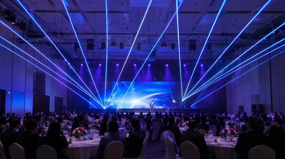 Laser bar array deployed across stage for corporate event rental production