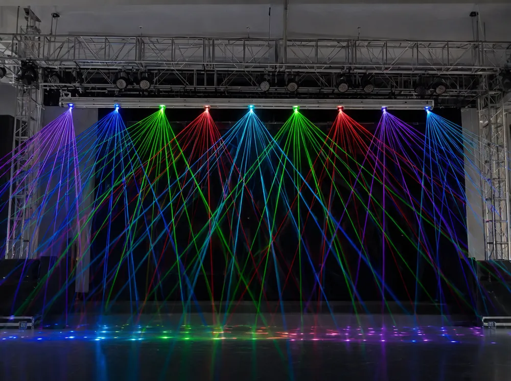 DJ laser bar light mounted on truss covering full stage width with independent beam patterns