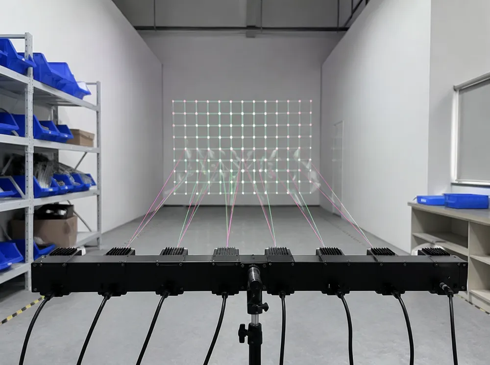 Multi-head laser bar optical alignment check on calibration grid at 5-meter throw distance