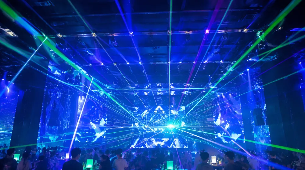 Laser bars installed in nightclub ceiling for full dance floor coverage