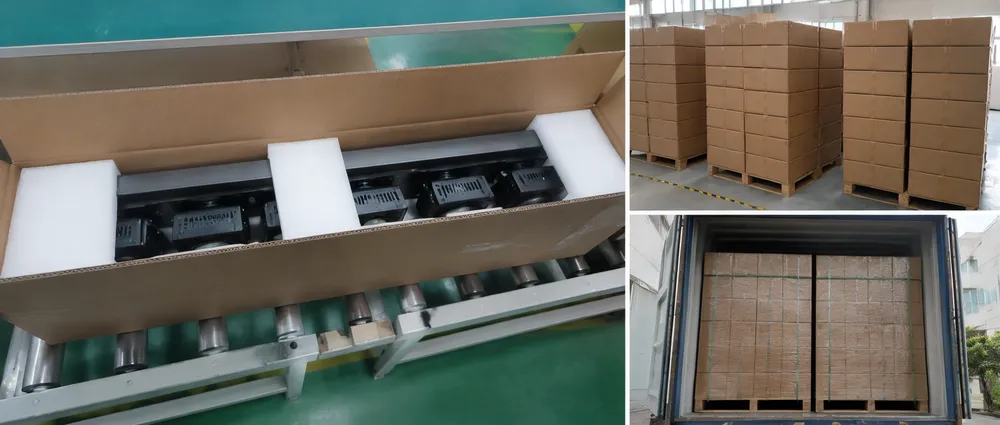 DJ laser bar light packaging showing EPE foam cradle, master carton stacking, and container palletization layout