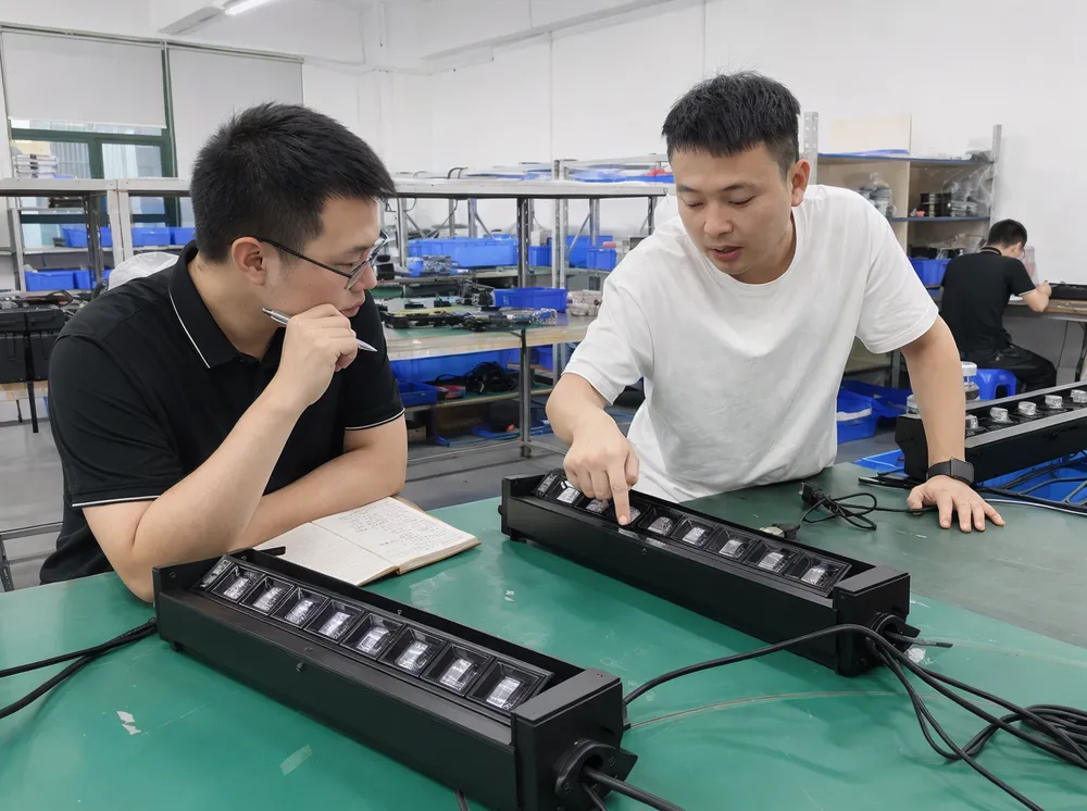 DJ laser bar light sample evaluation to volume order workflow at GDMonkey factory