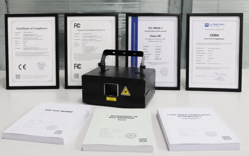 Complete compliance documentation package for green laser DJ lights including CE, FCC, and CDRH certificates