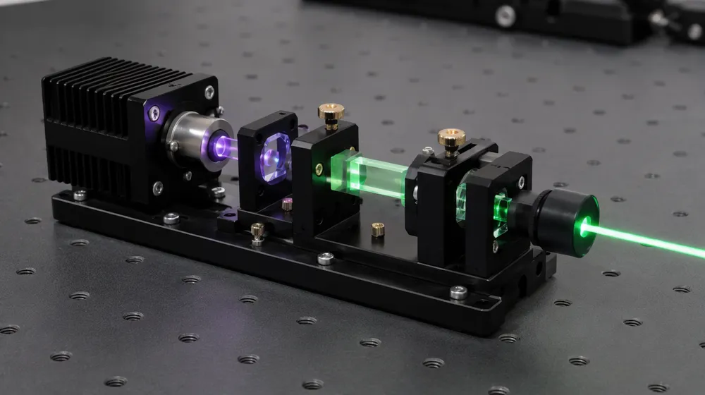 DPSS crystal assembly showing 808nm pump diode, Nd:YVO4 crystal, and KTP frequency doubler producing 532nm green output
