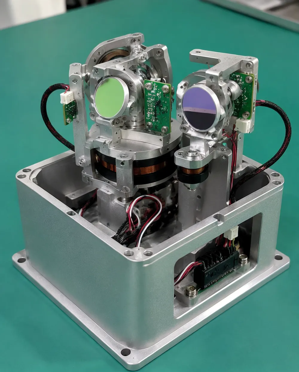 Closed-loop galvanometer actuator assembly showing X and Y mirrors with position feedback sensors
