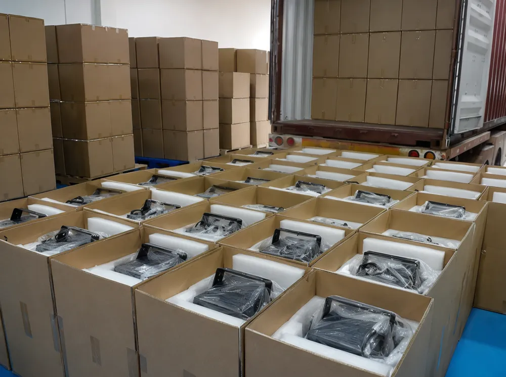 Green laser DJ lights packed with EPE foam in cartons ready for container loading