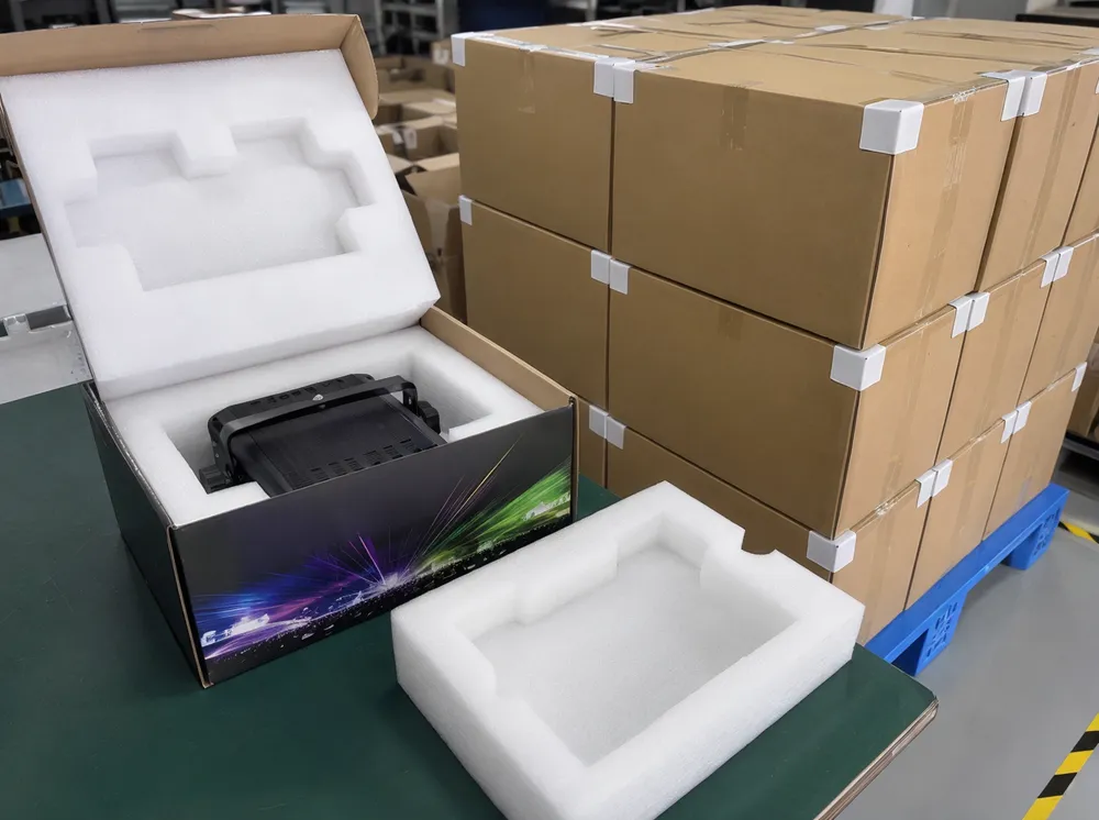 DJ laser light export packaging with EPE foam insert and master carton stacking
