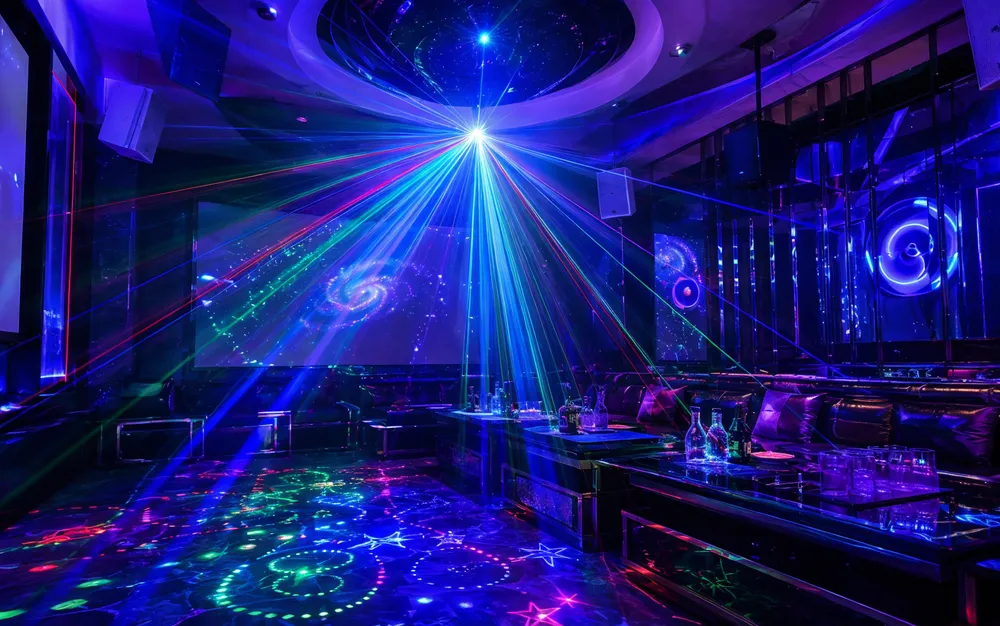 Disco DJ laser light with sound-reactive multi-pattern beams in KTV venue