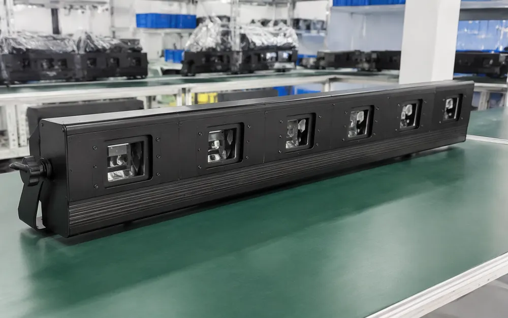 Multi-head DJ laser bar light in linear housing for wide stage coverage