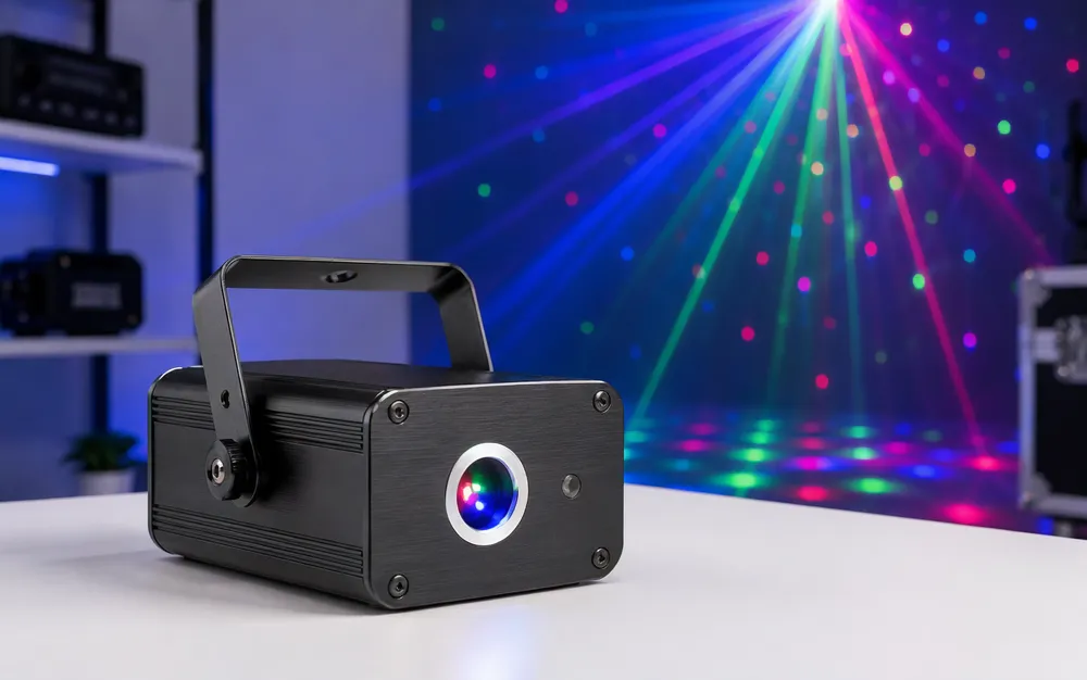 Compact mini DJ laser light in portable form factor for mobile entertainers