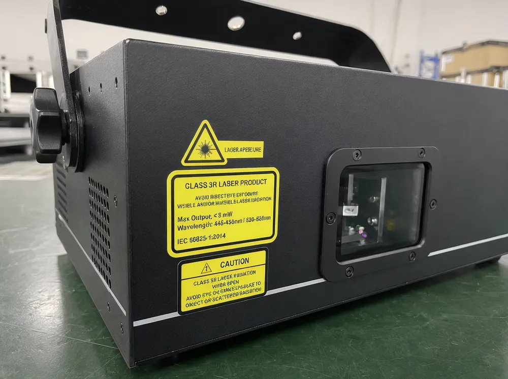 Class 3R laser safety classification label on LED laser DJ light fixture