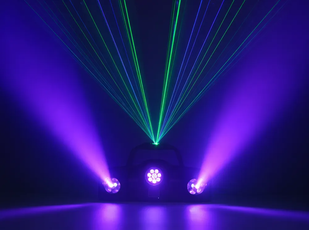 LED laser DJ light hybrid fixture showing LED wash and laser beam effects