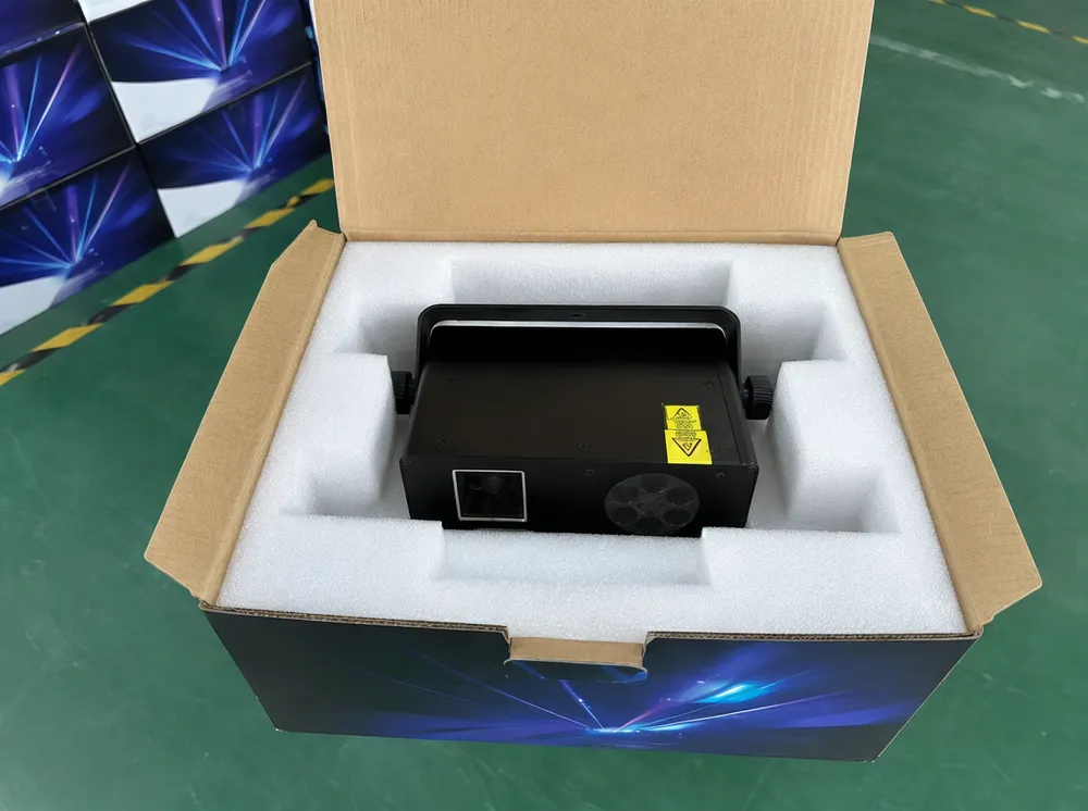 LED laser DJ light retail packaging with molded EPE foam insert protecting laser aperture and LED lens section
