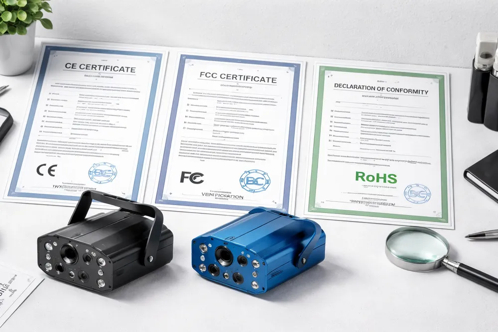 CE, FCC, and RoHS compliance certificates for mini DJ laser lights
