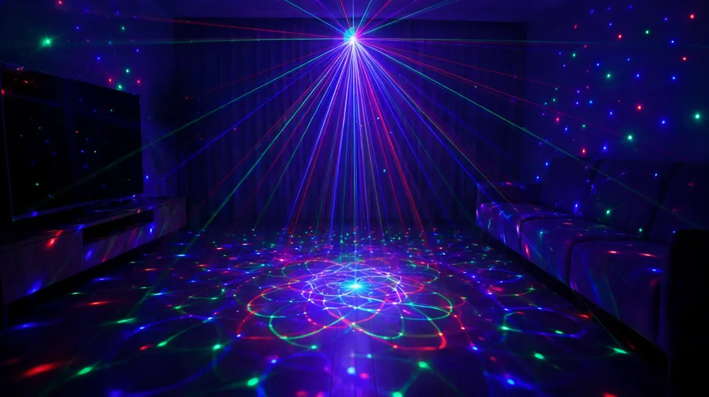 Mini DJ laser light product listing with colorful beam patterns in dark room demonstration