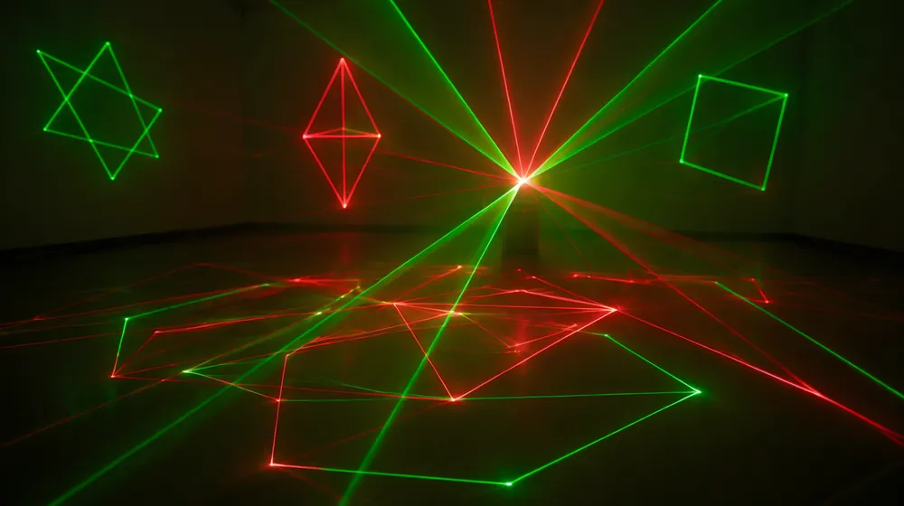 Red and green geometric laser patterns projected by a mini DJ laser light in a dark room