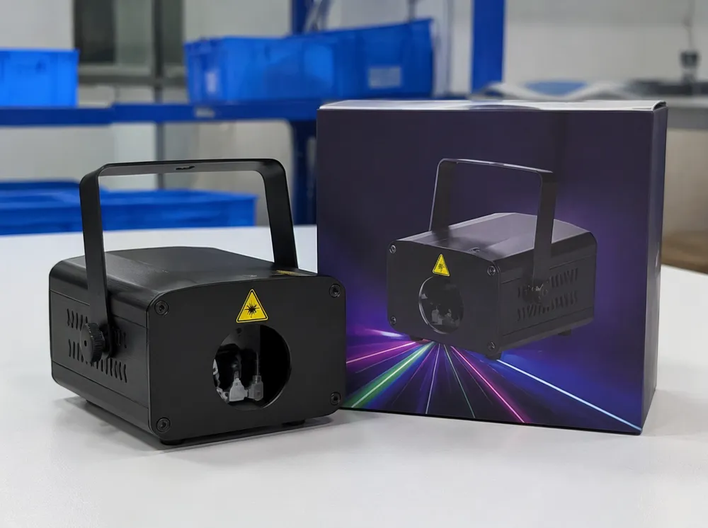 Custom branded mini DJ laser with OEM packaging showing logo placement and retail-ready color box