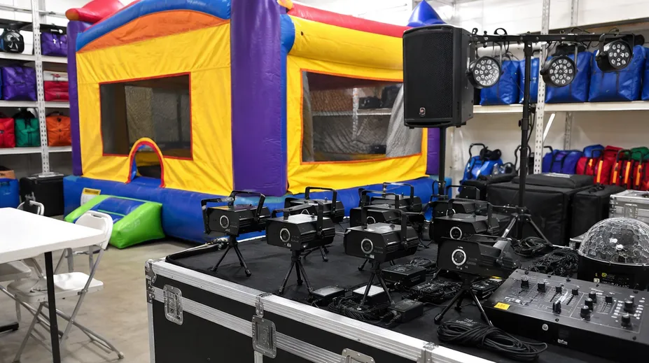 Mini laser light as party rental add-on alongside bounce house and event equipment